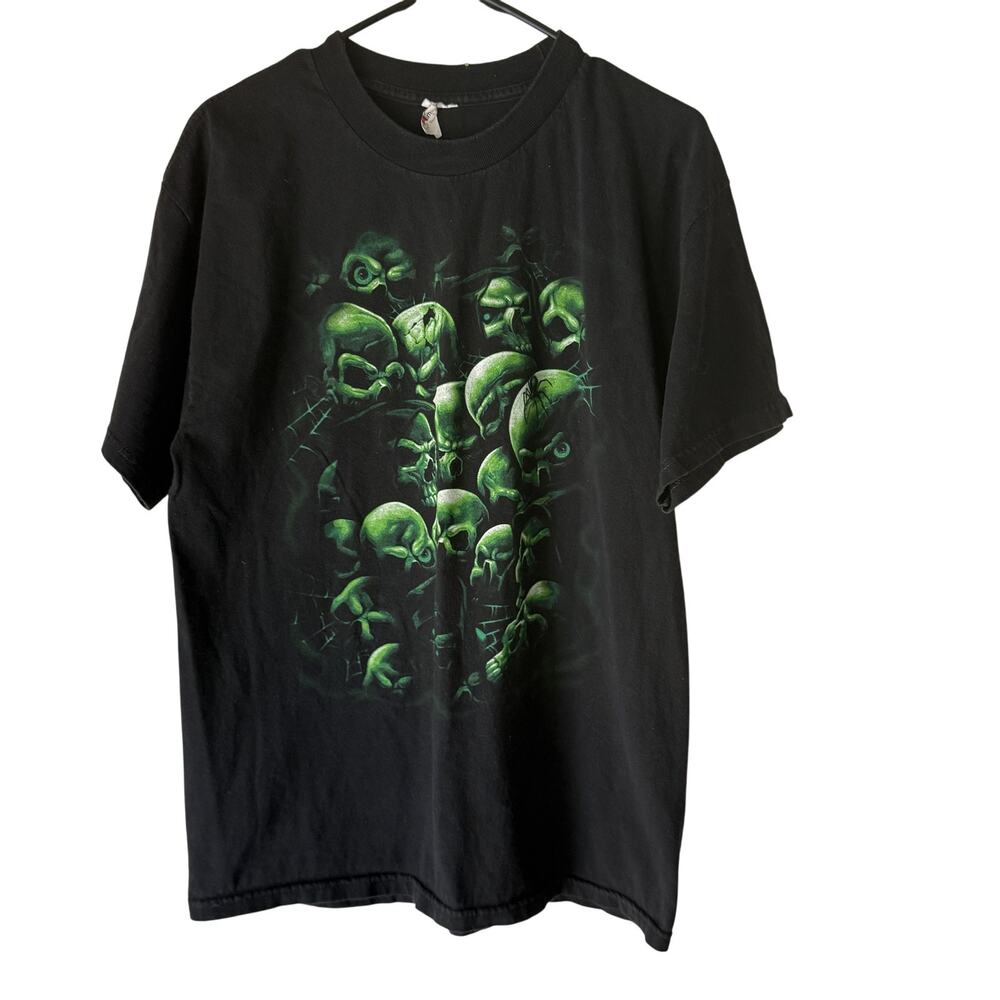 Vintage Green Skull Shirt Mens Large Black Horror Graphic Tee Halloween 90s Goth